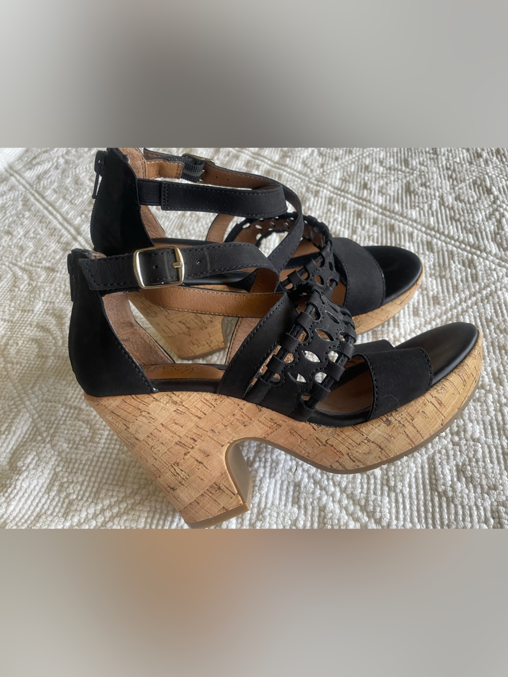 Womens Black Cork Wedge Sandals with Ankle Straps Euro Soft size 8